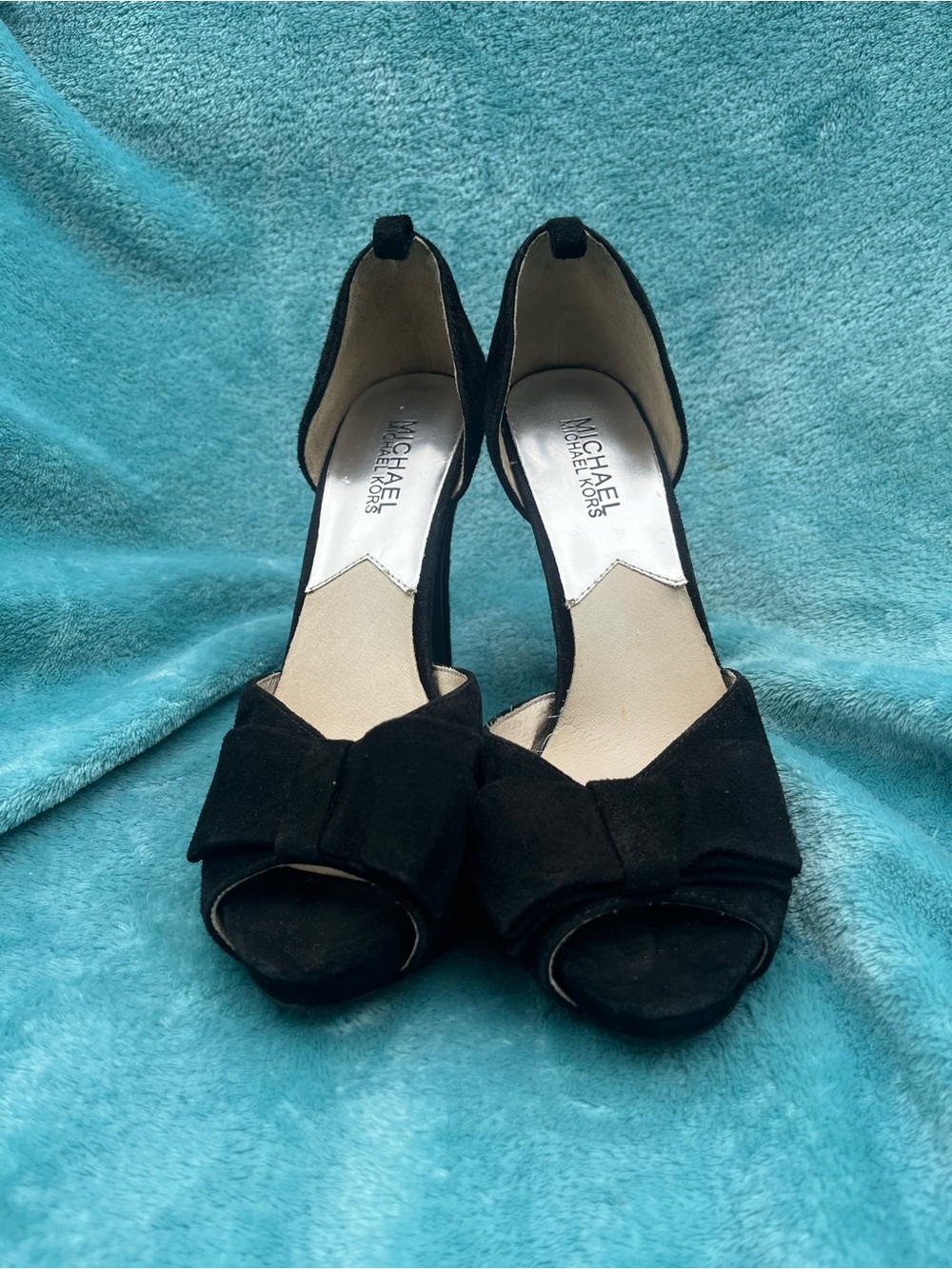 Michael Kors Black Suede Bow Peep-Toe Heels